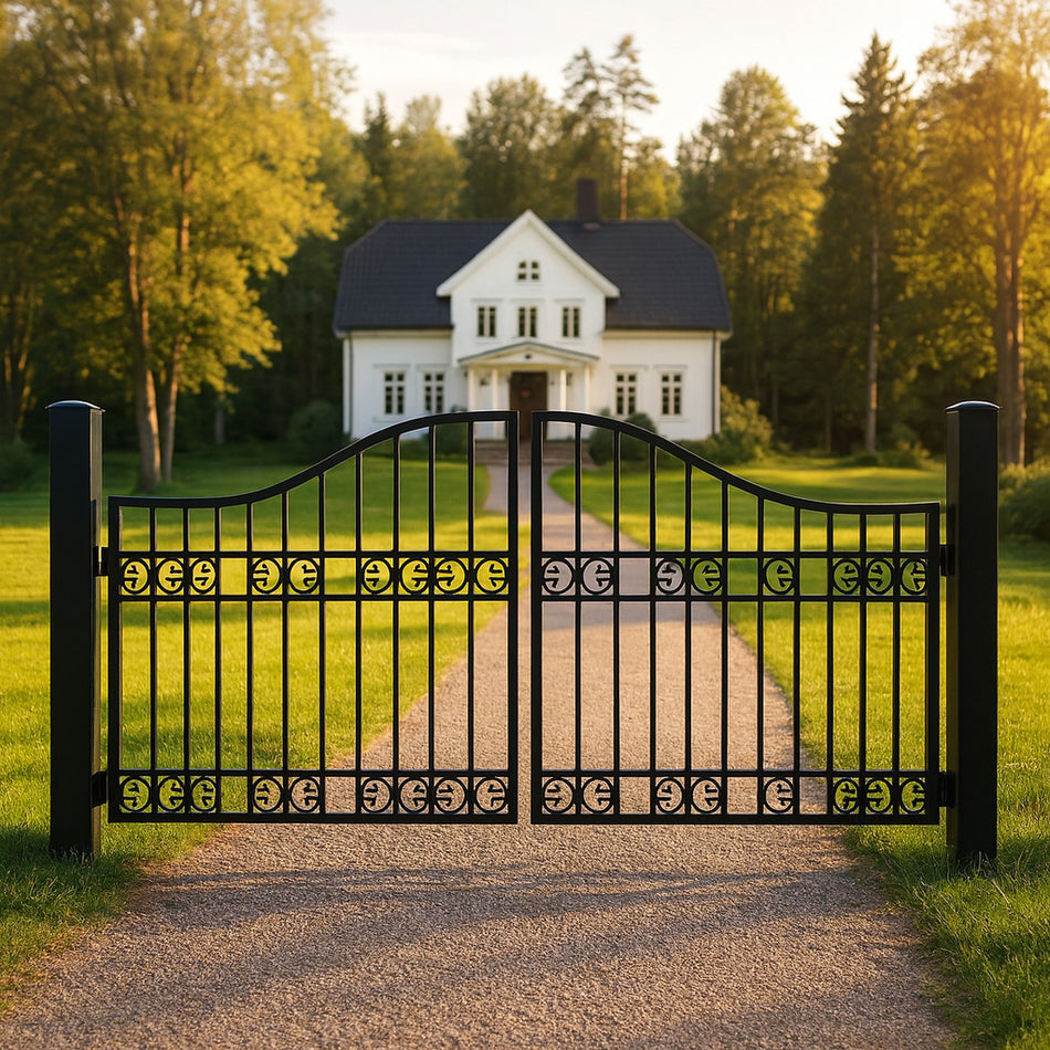 Smedsbo är en elegant smidesgrind med tidlös form och återhållsamma detaljer som smälter in i de flesta miljöer. Den ger ett lyft både till privata villatomter och till mer representativa entréer.