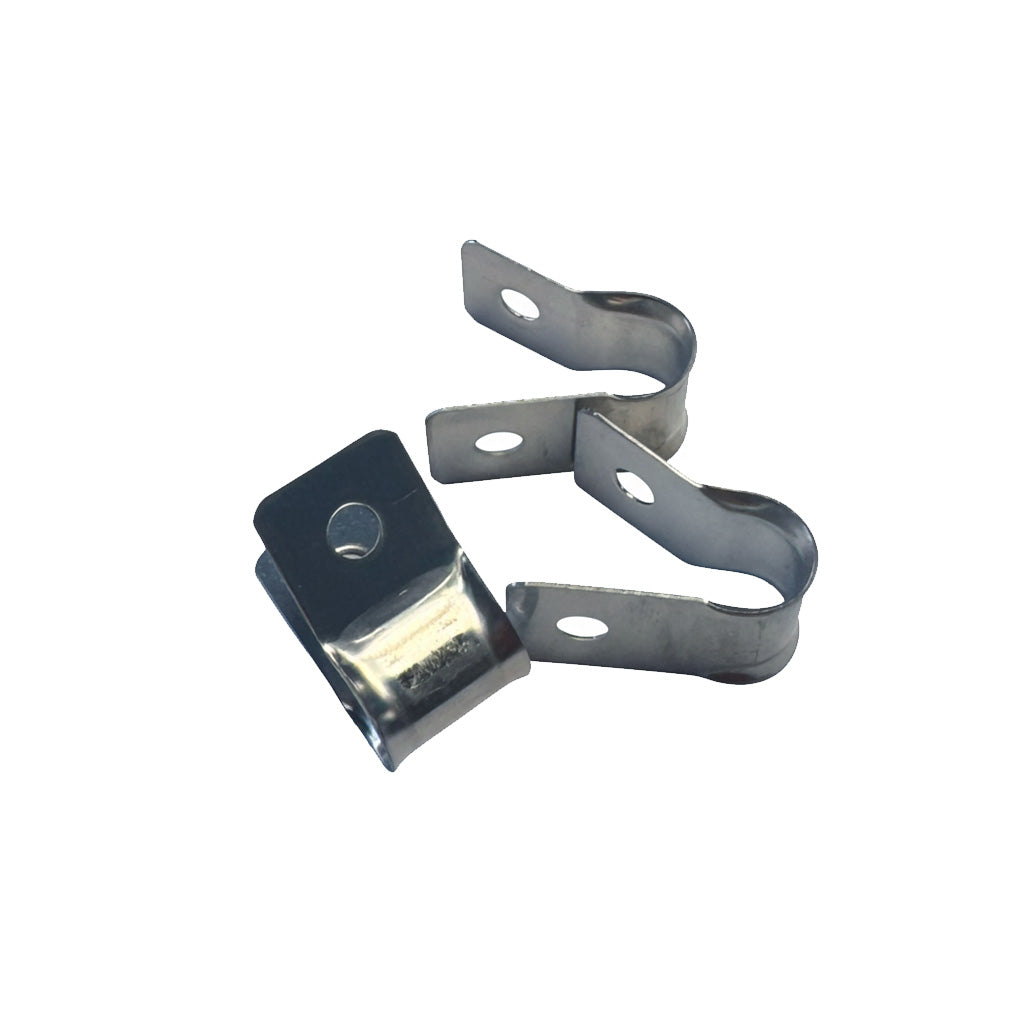 Klammer i rostfritt för montering av över och undertråd för stängsel. Monteras med blindnit som standard.