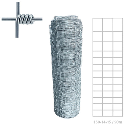 1 rulle - vridknutsnät HJL-150-14-15
Höjd: 1 500mm
Dimension över och undertråd: Ø2,50mm
Dimension övriga trådar: 1,9mm&nbsp;
Trådtyp: 550 MPa, 220g/m2&nbsp;
Antal horisontella trådar: 15 st.
Avstånd lodräta trådar: 15 cm&nbsp;
Antal meter: 50 m/rulle.