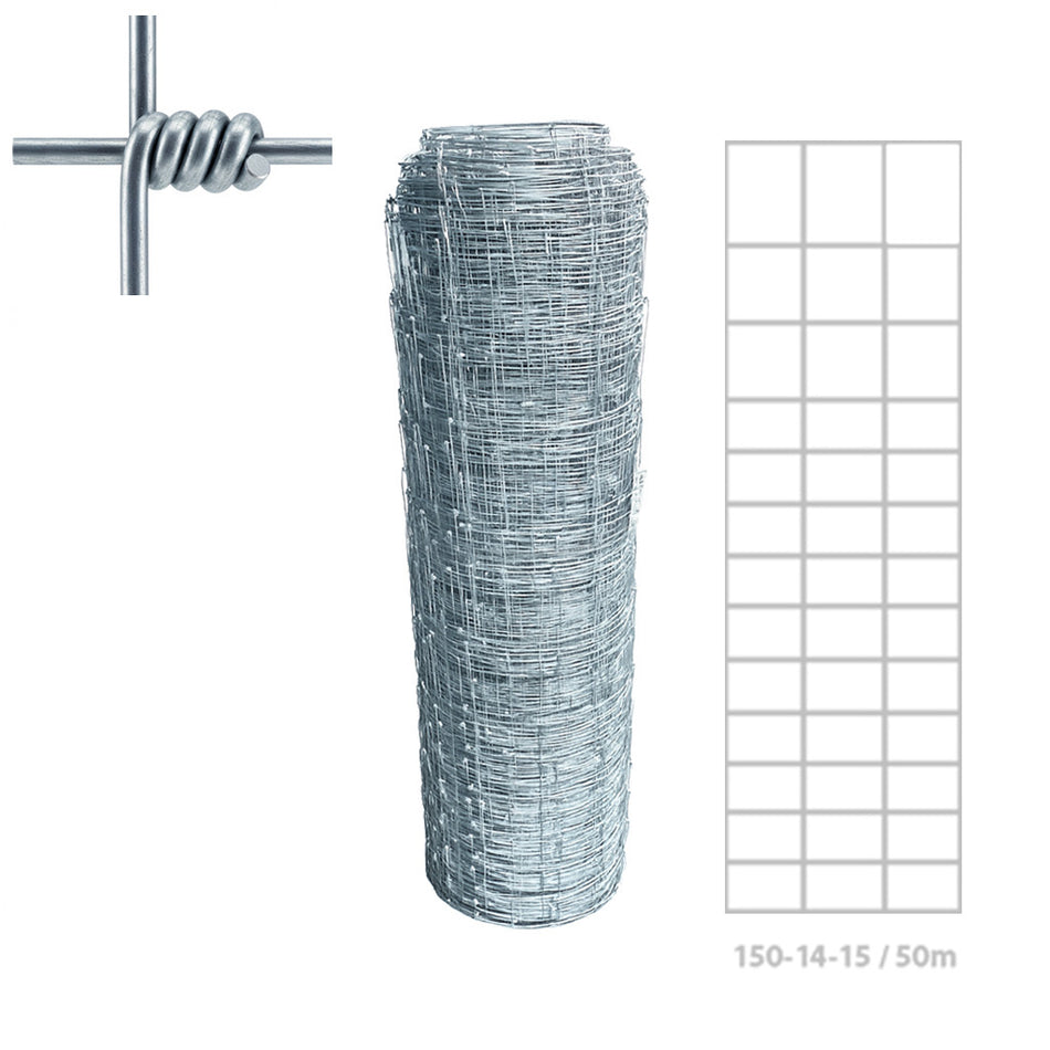 1 rulle - vridknutsnät HJL-150-14-15
Höjd: 1 500mm
Dimension över och undertråd: Ø2,50mm
Dimension övriga trådar: 1,9mm&nbsp;
Trådtyp: 550 MPa, 220g/m2&nbsp;
Antal horisontella trådar: 15 st.
Avstånd lodräta trådar: 15 cm&nbsp;
Antal meter: 50 m/rulle.