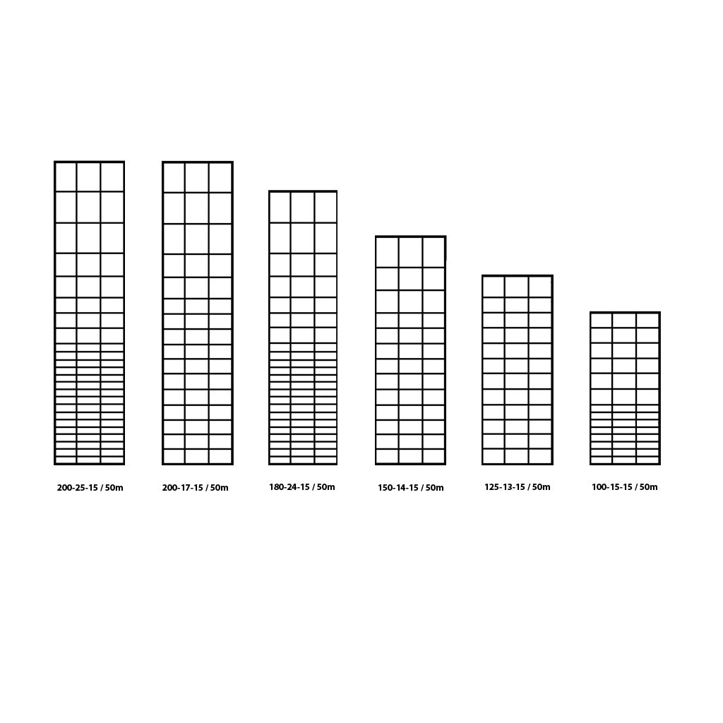 100-15-1    Specifikation: 1000mm x 50m - 30 kg
125-13-15   Specifikation: 1250mm x 50m - 40 kg
150-14-15   Specifikation: 1500mm x 50m - 35 kg
180-24-15   Specifikation: 1800mm x 50m - 60 kg
200-17-15   Specifikation: 2000mm x 50m - 70 kg
200-24-15   Specifikation: 2000mm x 50m - 80 kg